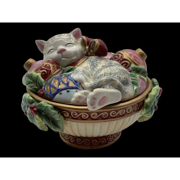 Fitz and Floyd Cat with Ornaments Candy Dish - Picture 2 of 11